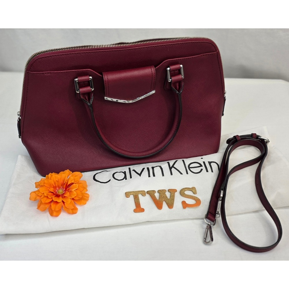 Calvin Klein Burgundy Saffiano Leather Satchel Crossbody Bag Silver Hardware